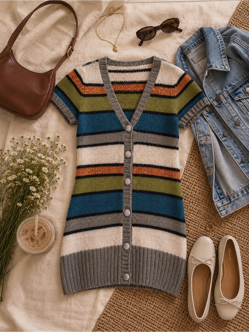 Buffalo David‎ Bitton Short-Sleeve Striped Button Cardigan Sweater dress - L